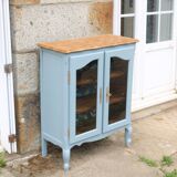 Buffet vitré ancien en bois massif bleu, rénové
