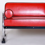 Red Slezak leather sofa made in 1930s Czechia