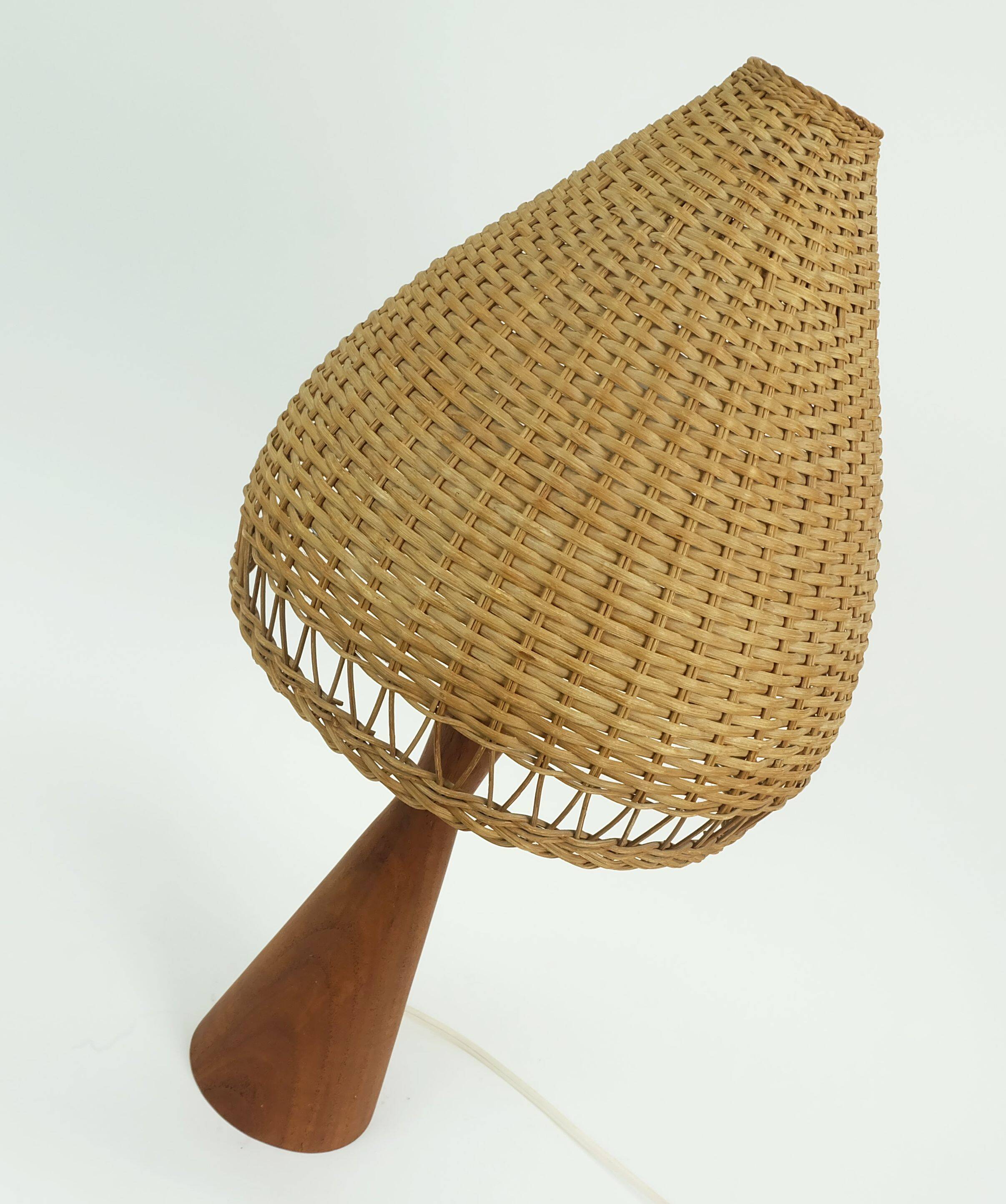 Danish modern table lamp teak and rattan 1960s mid century wicker light
