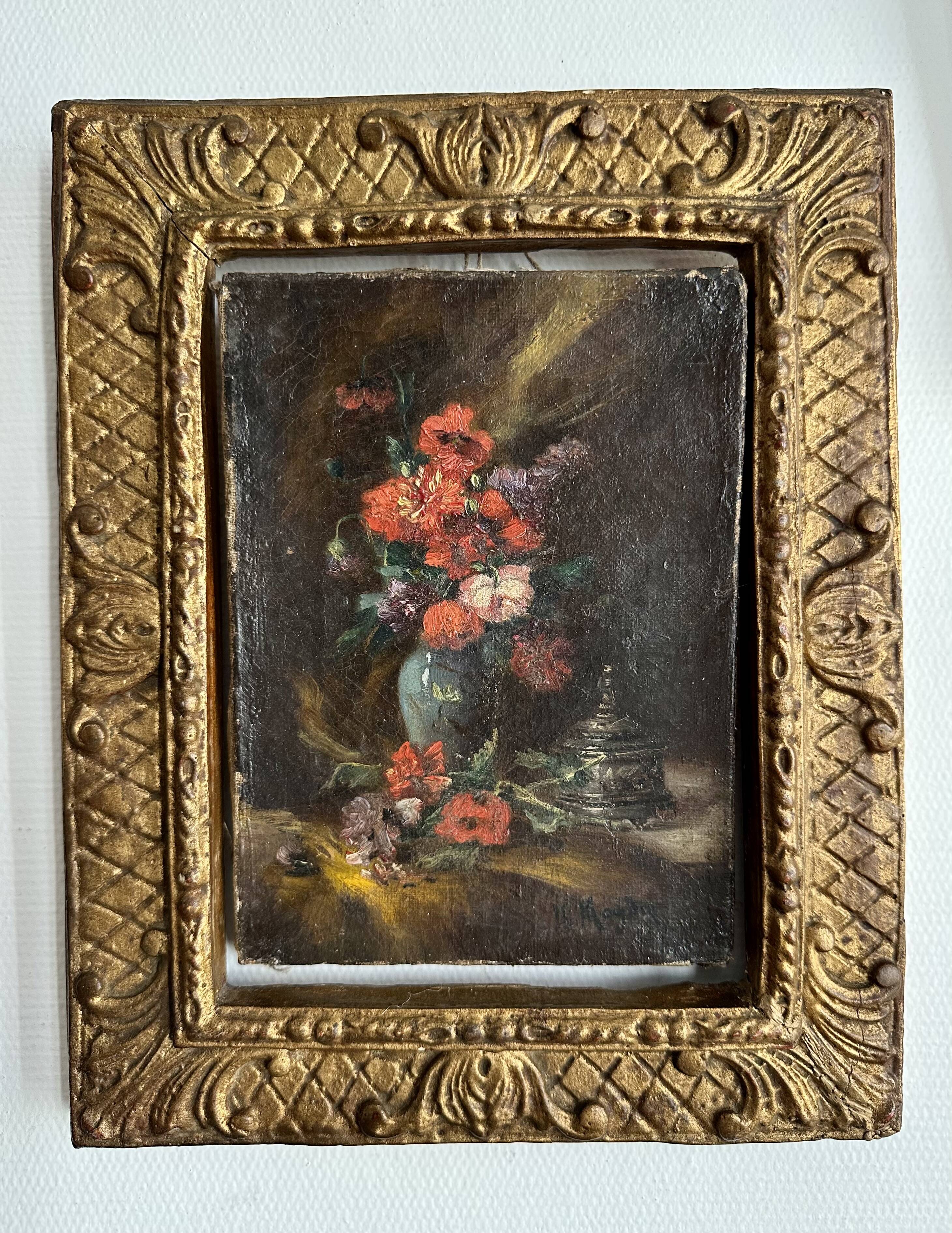 Tableau ancien fleurs signé avec cadre en bois et stuc doré, XIXe