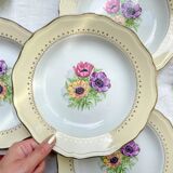 4 vintage porcelain soup plates with white and golden yellow floral pattern L'Amandinoise "Coopélia"