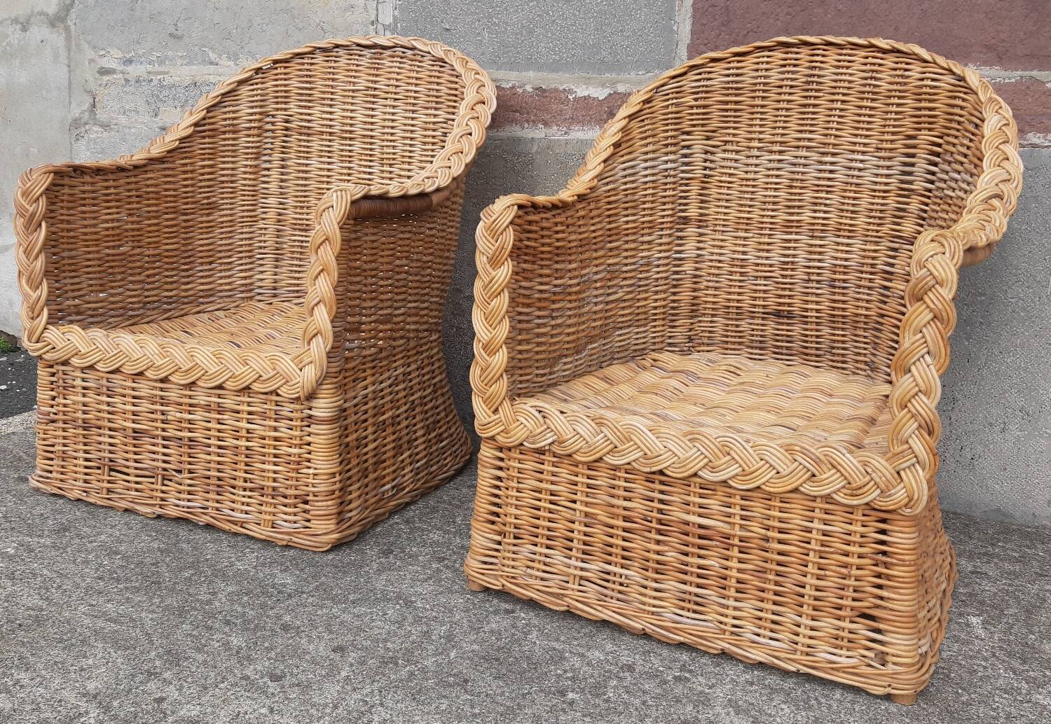 Pair of wicker and rattan armchairs.