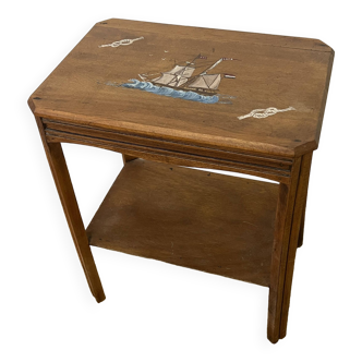 Small wooden side table with “boat, marine” decor