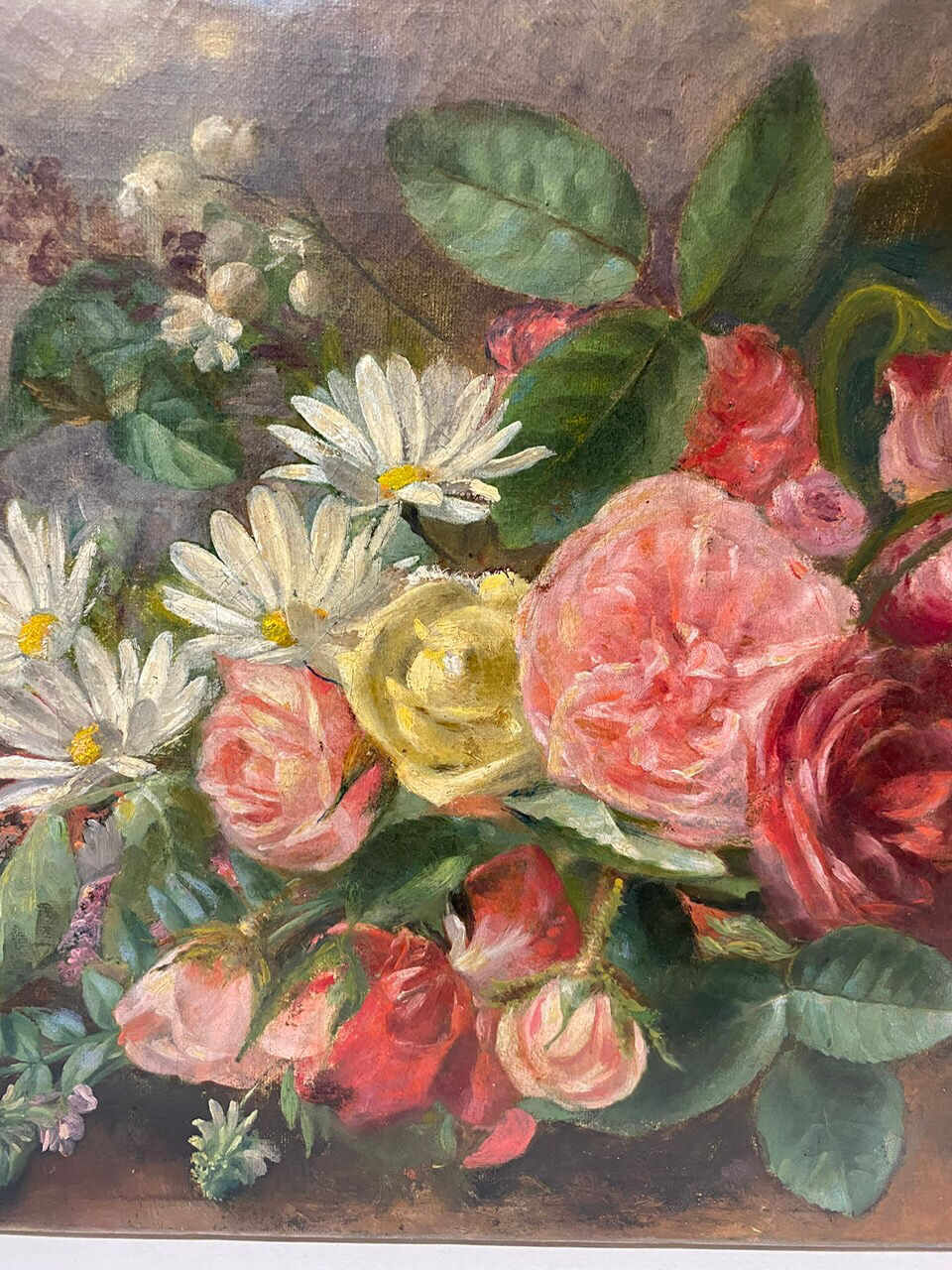 Old painting, still life with daisy roses and wild flowers, signed, early XX century