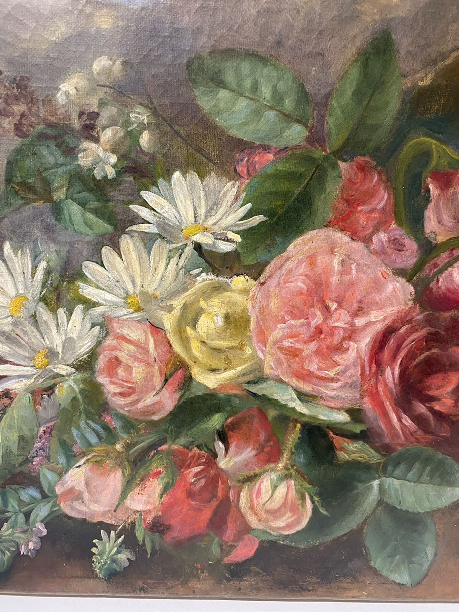 Old painting, still life with daisy roses and wild flowers, signed, early XX century