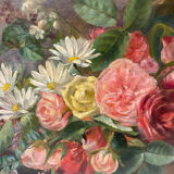 Tableau ancien, nature morte aux roses pâquerettes et fleurs sauvages, signé, début XX siècle