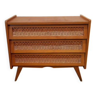 Wooden and rattan chest of drawers from the 50s/60s