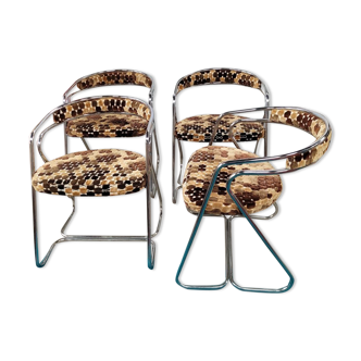 4 chaises métal chromé et tissu psyché d’origine, des années 70