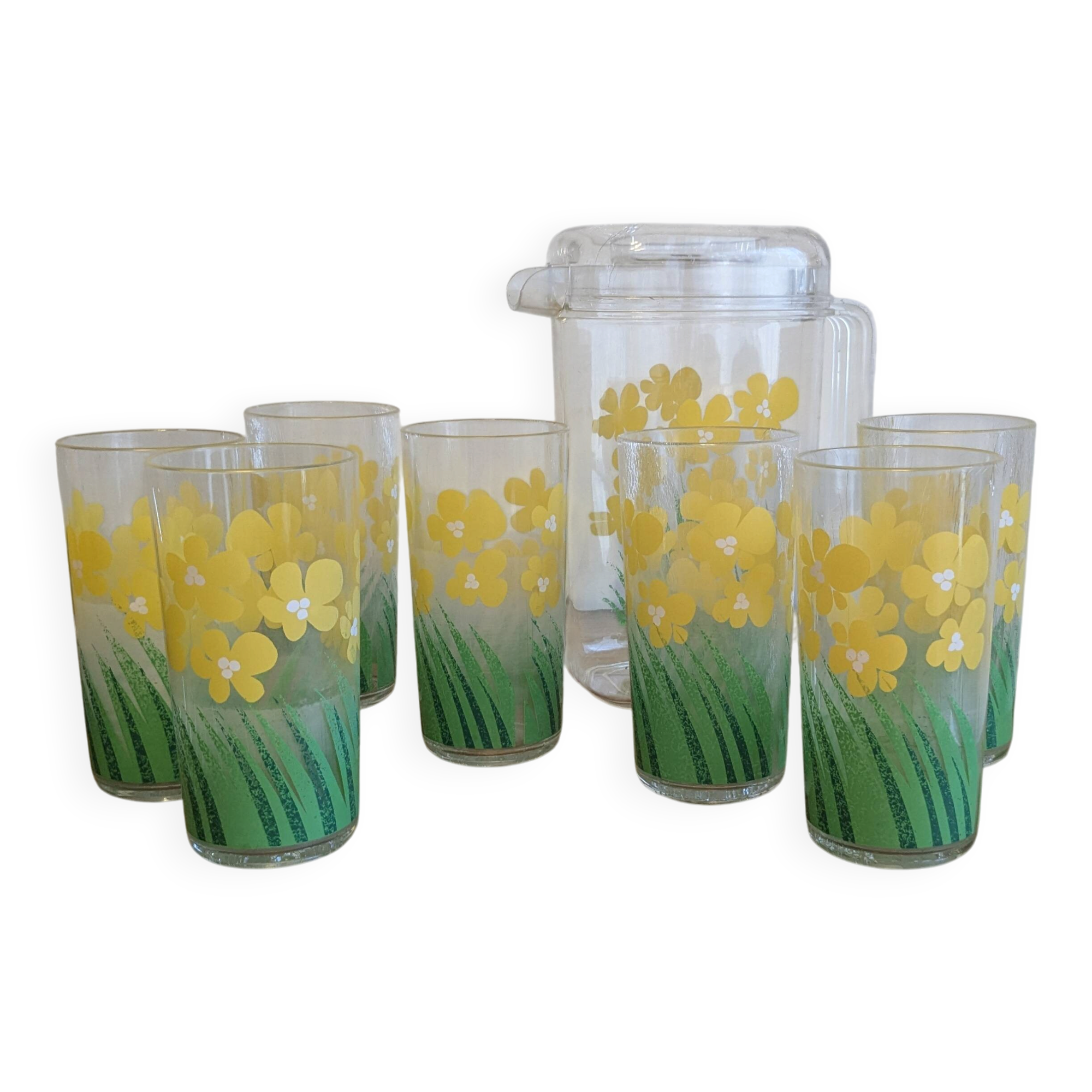 Vintage juice service Chameleon by Pierre Tardif for Neové – jug and 6 glasses