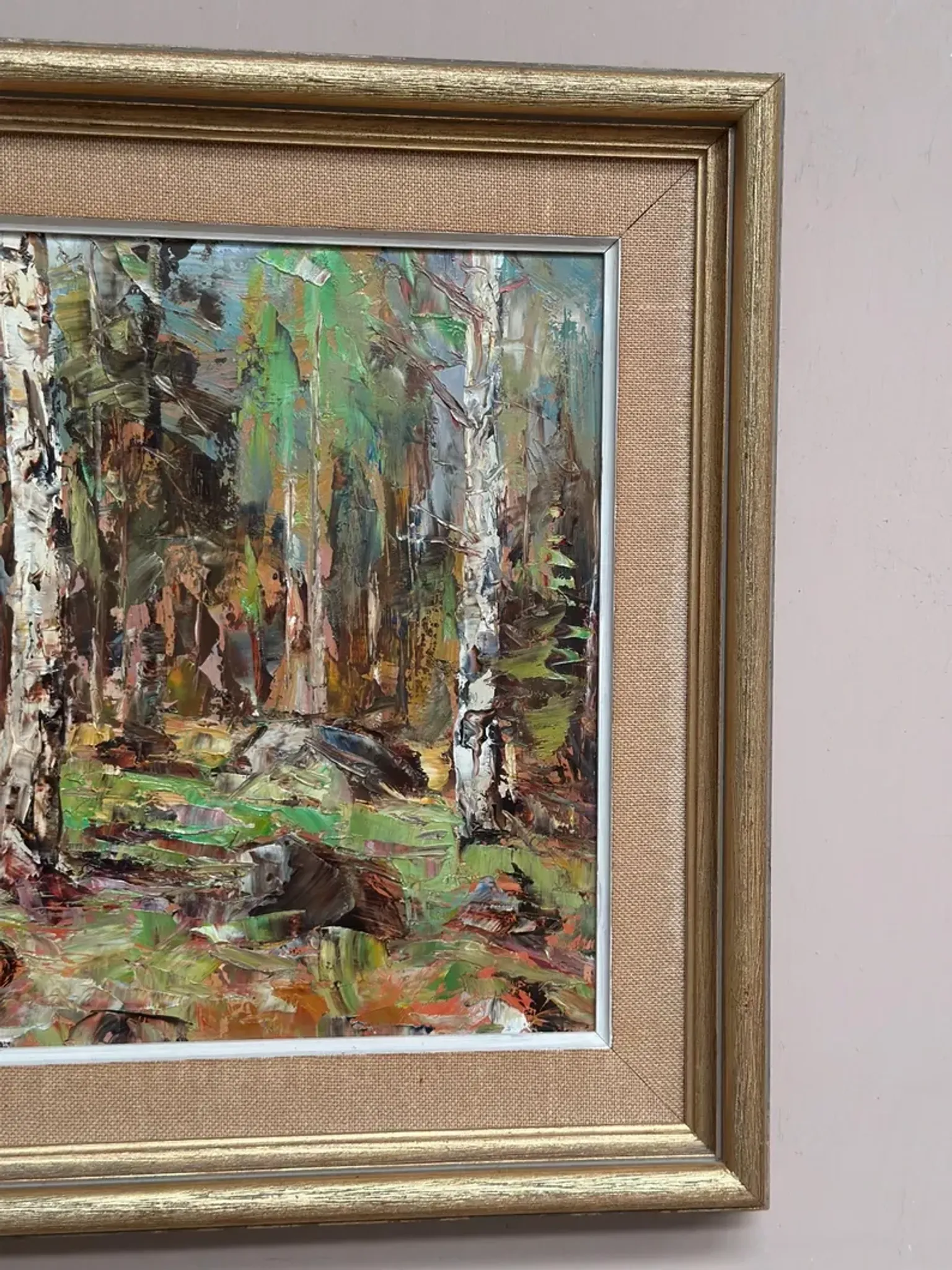 Original Swedish Oil on Canvas – “Birch Forest” by John Sköld – Signed – Dated 1954 – Framed – 40 × 40 cm