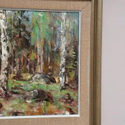 Original Swedish Oil on Canvas – “Birch Forest” by John Sköld – Signed – Dated 1954 – Framed – 40 × 40 cm