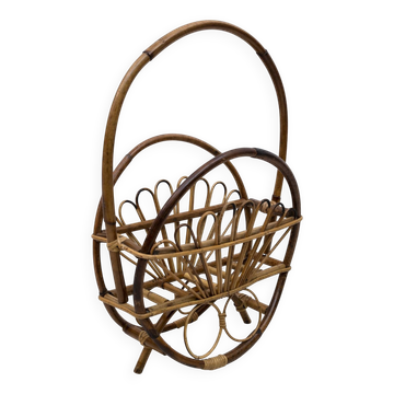 Mid-Century Modern Italian Rattan Bamboo Magazine Rack Stand, 1960s