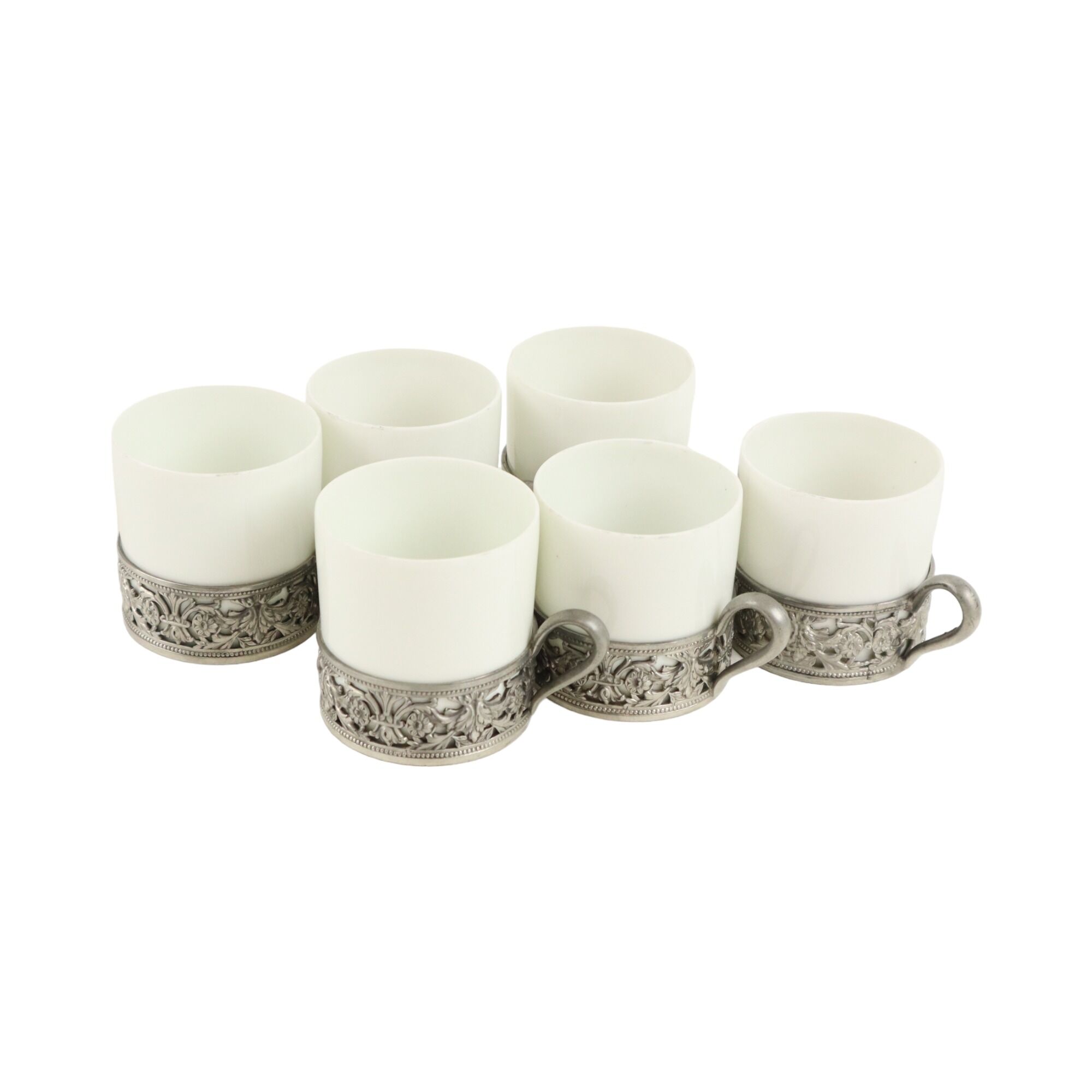 Vintage Set of 6 Pewter Cup Holders with Limoges Porcelain Cups
