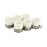 Vintage Set of 6 Pewter Cup Holders with Limoges Porcelain Cups