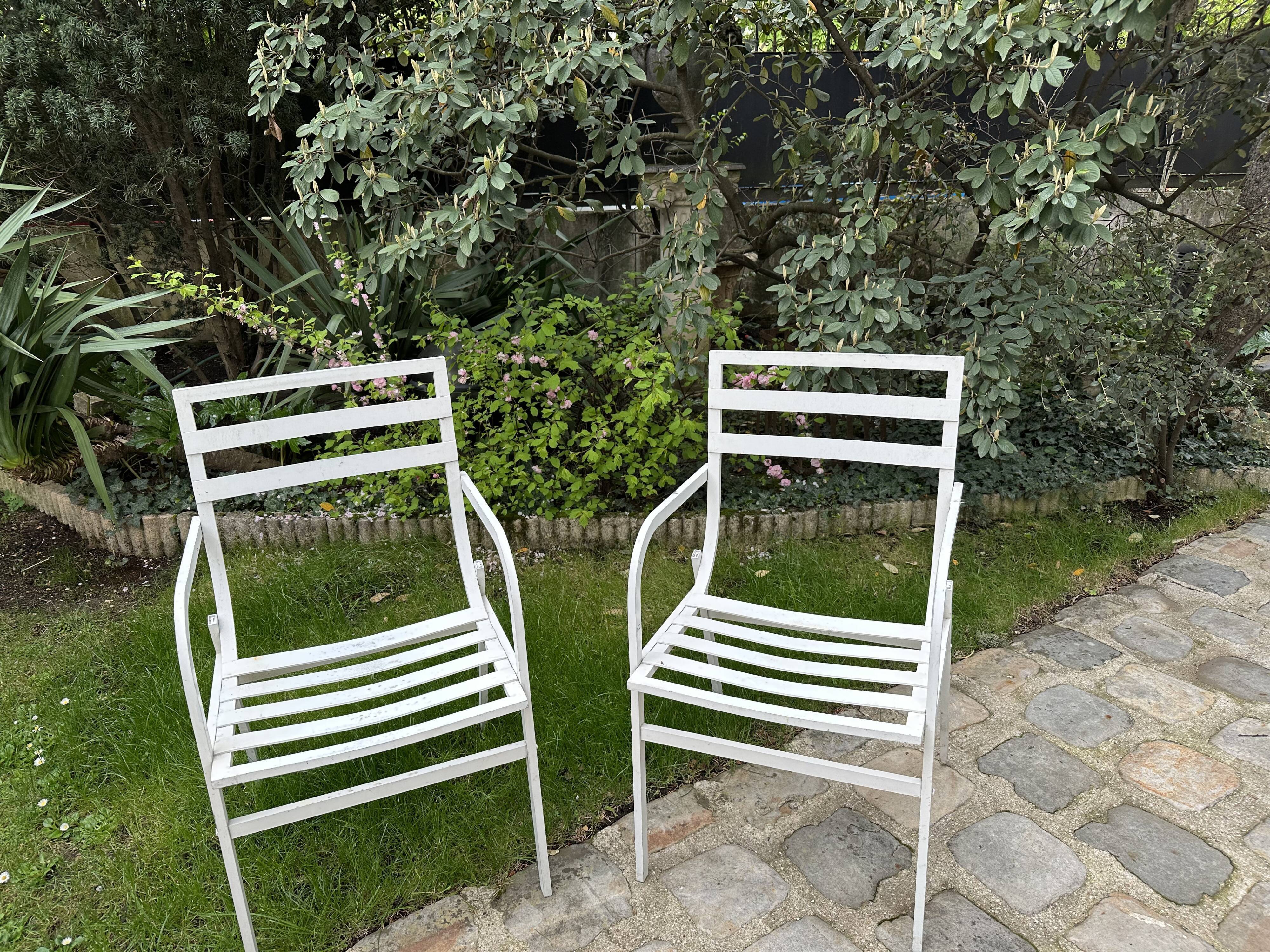 Pair of garden armchairs in white lacquered aluminum - HUGONET