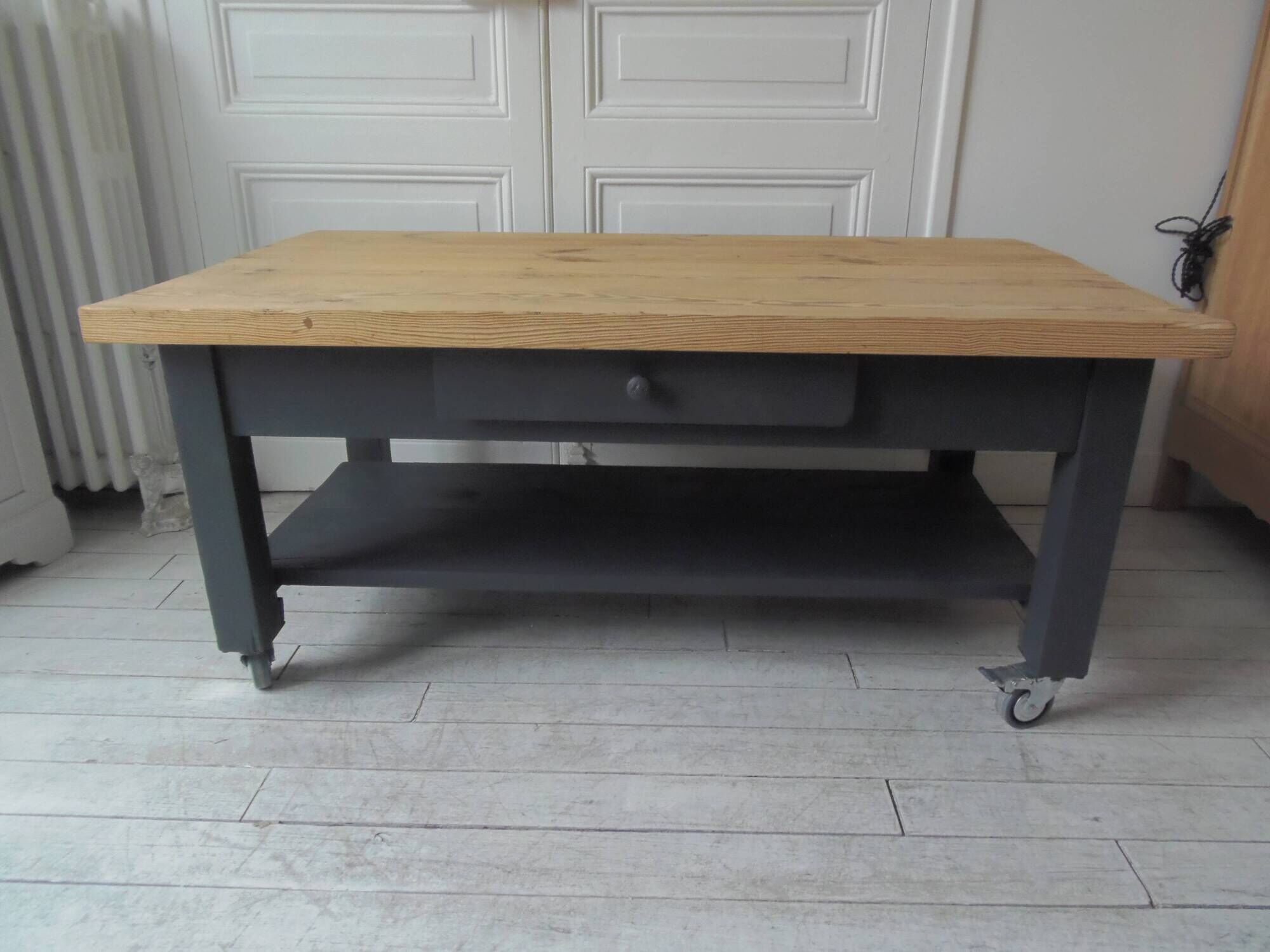 Coffee table on casters made from a vintage table, 1 drawer, 1 slate gray shelf.