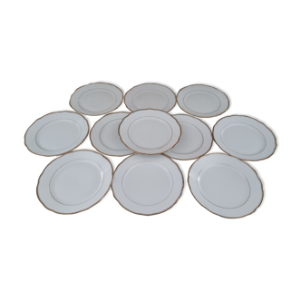 Set of 11 dessert plates in white Swiss porcelain double gilded border