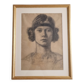 Portrait féminin Art Déco au fusain Paris vers 1921-1927, encadré