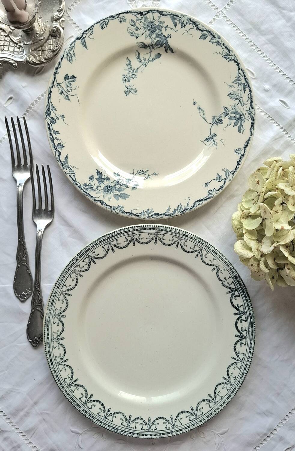 Mismatched old flat plates in iron earthenware