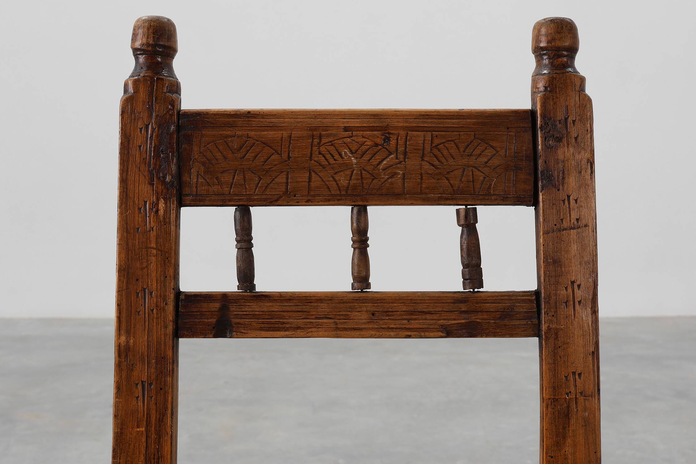 19th Century Spanish Hand-Carved oak Side Chair with Velour Seat