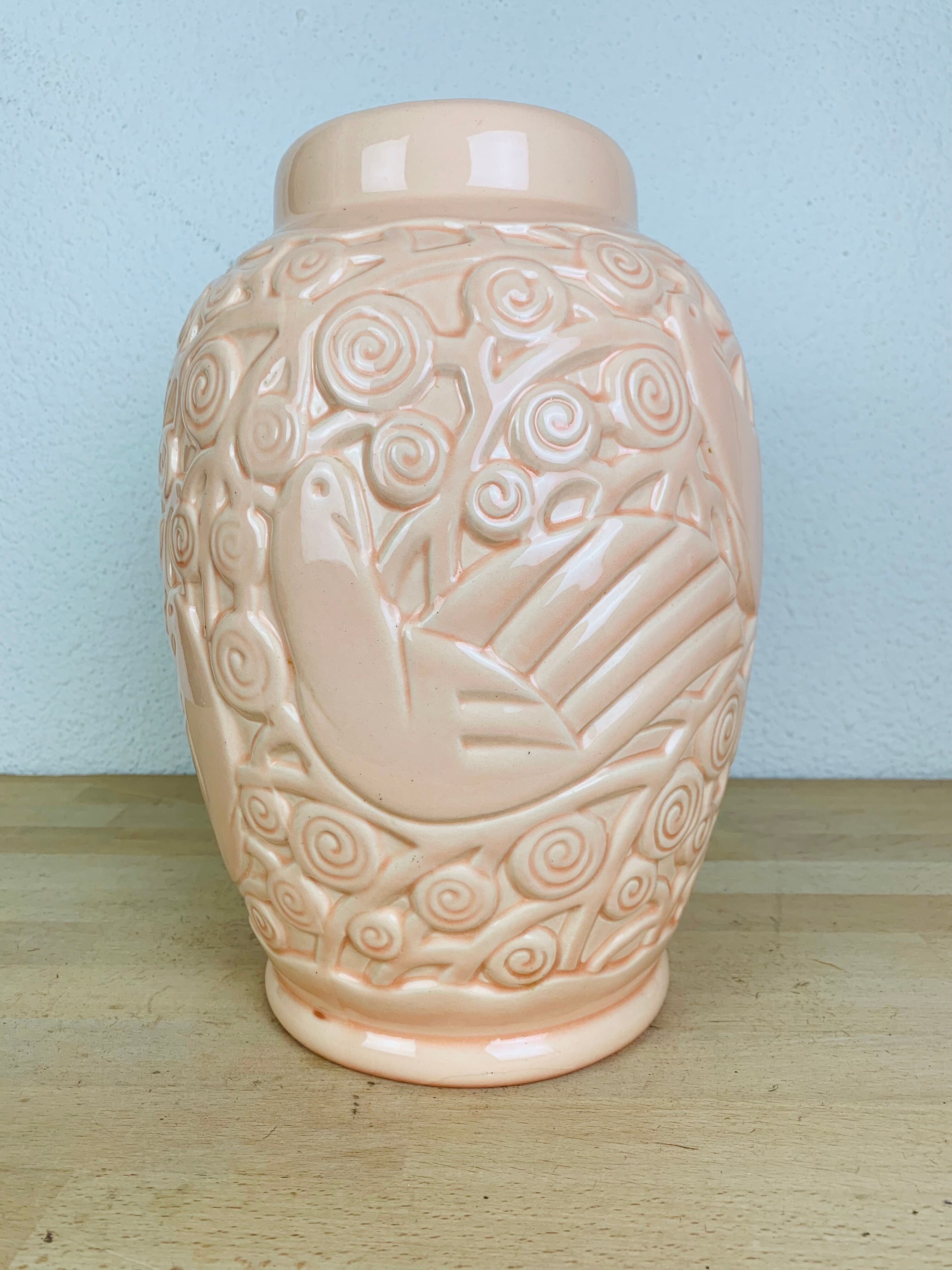 Art deco vase St Clément pigeon model, pink ceramic