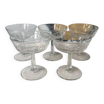 Set of 5 engraved champagne glasses from the 50s