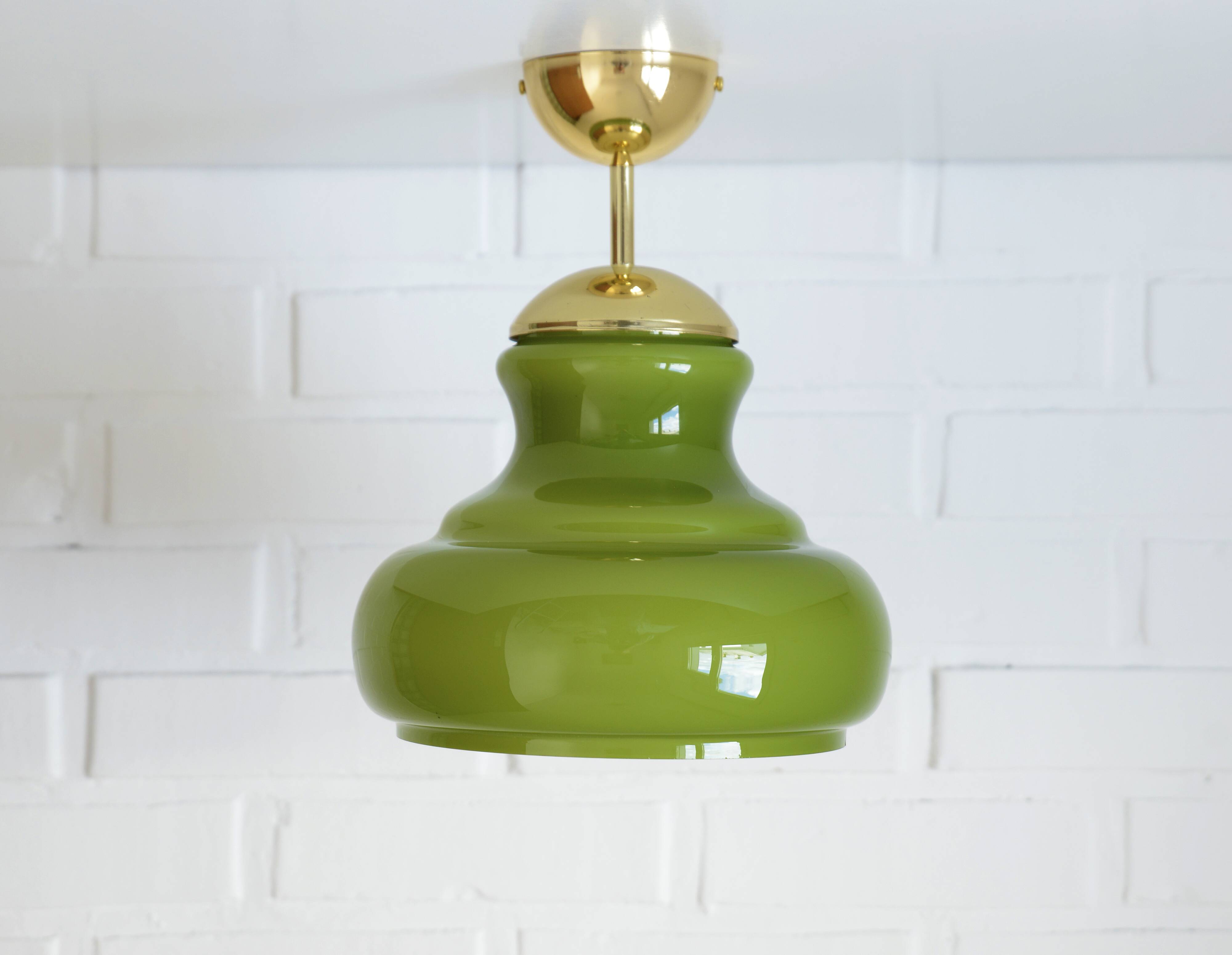 Vintage Avocado Green Glass Pendant Lamp / Yugoslavia 1970's