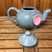 Ancienne théière forme éléphant céramique grise & rose vintage #a472