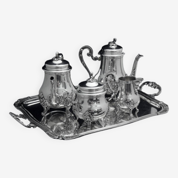 Antiquité française du 19ème siècle Louis XVI, 5pc. Service à thé Silver Plate avec plateau de service - Comme neuf!