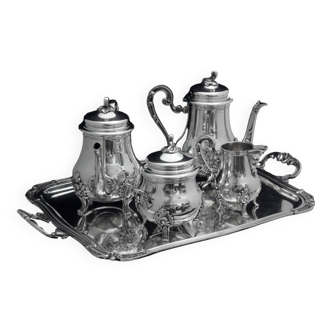 Antiquité française du 19ème siècle Louis XVI, 5pc. Service à thé Silver Plate avec plateau de service - Comme neuf!