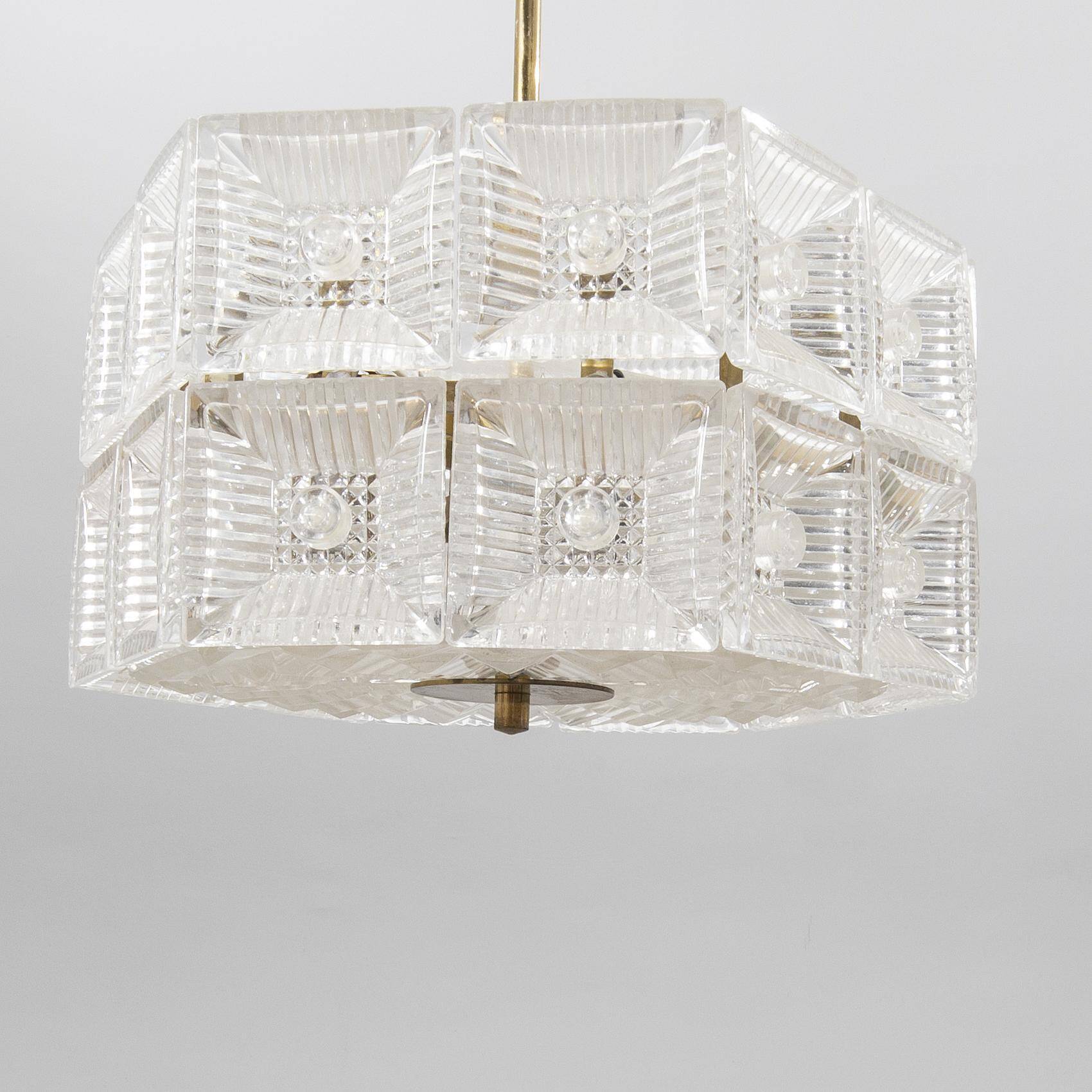 Crystal and brass pendant lamp by Carl Fagerlund for Orrefors, Sweden, 1960.
