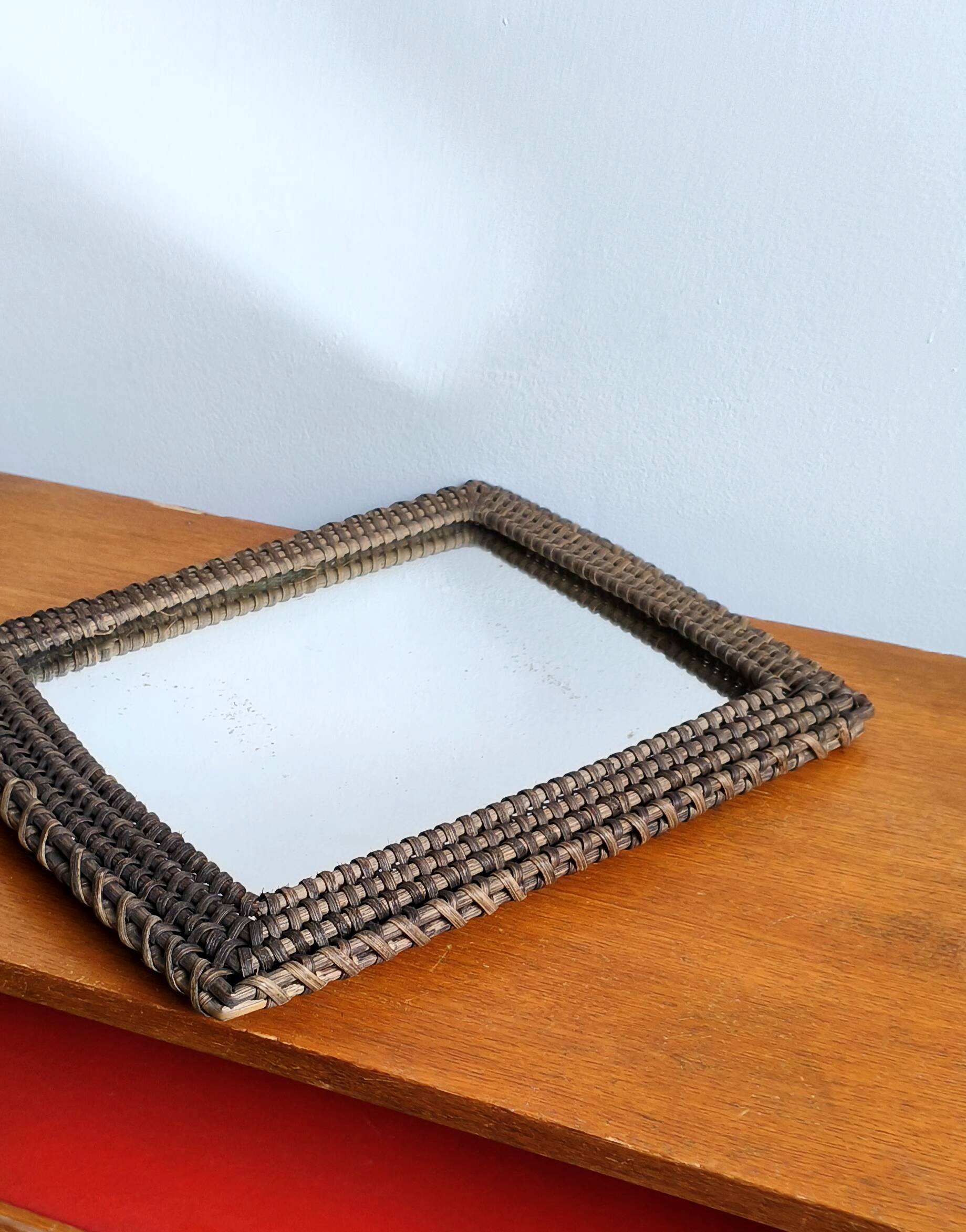 Vintage wicker rattan wall mirror