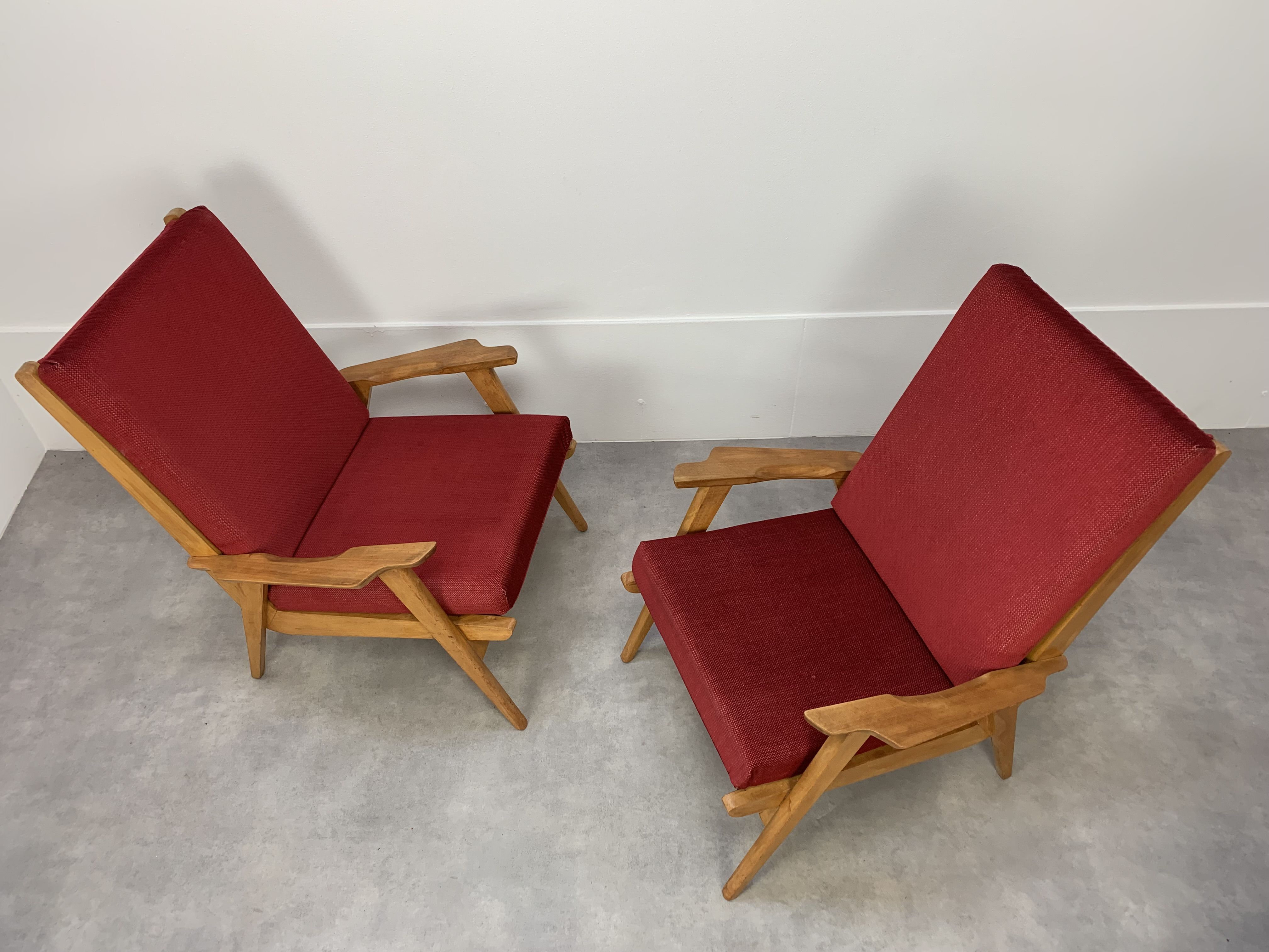 Pair of 50s vintage boomerang armchairs velvet and wood