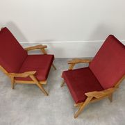 Pair of 50s vintage boomerang armchairs velvet and wood