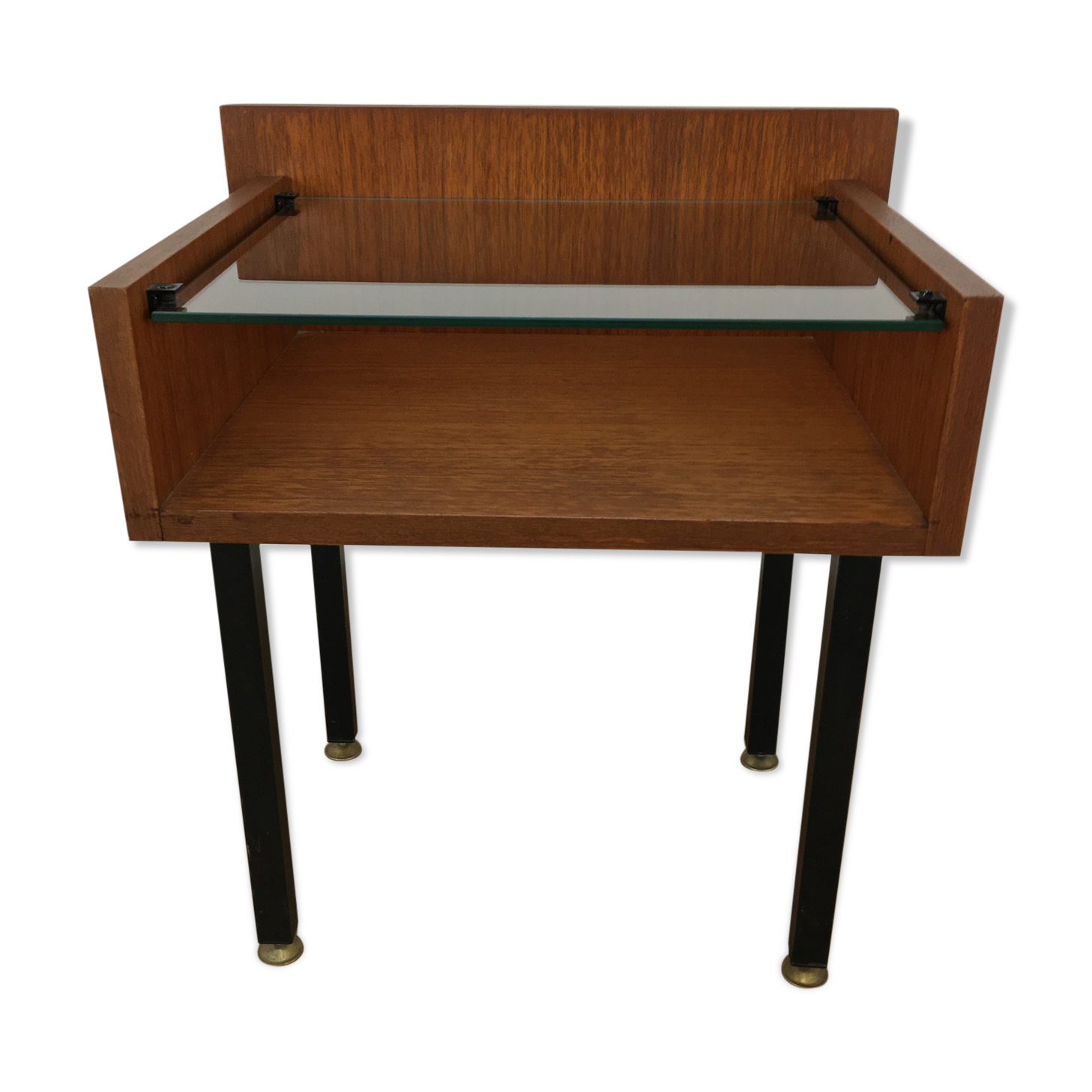 Modernist bedside table wood and glass 1950