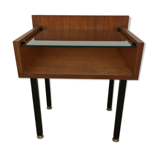 Table de chevet moderniste années 50 bois et verre