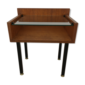 Modernist bedside table wood and glass 1950