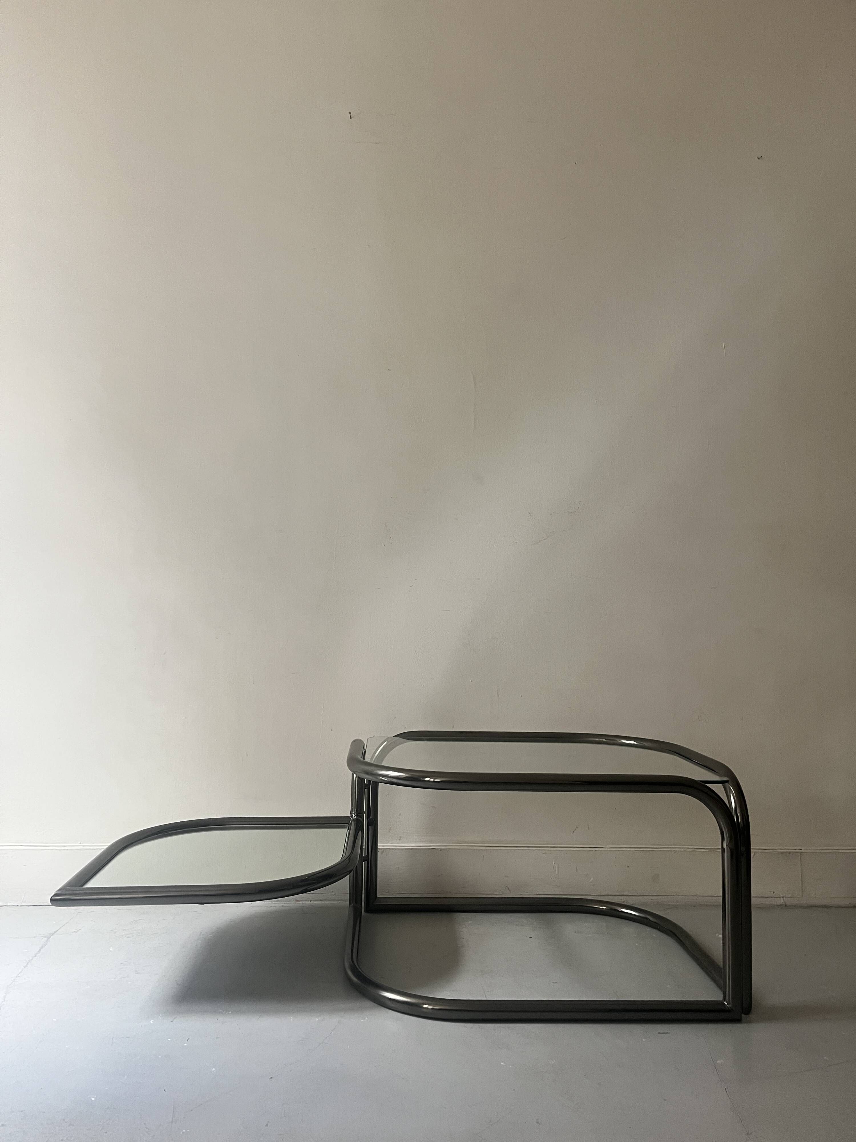 rotating coffee table drop in tubular chrome metal, glass and mirror, design 1970