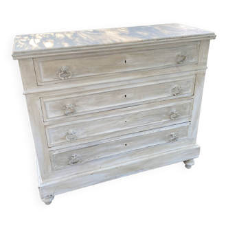 Commode ancienne en bois blanchi dessus en marbre blanc