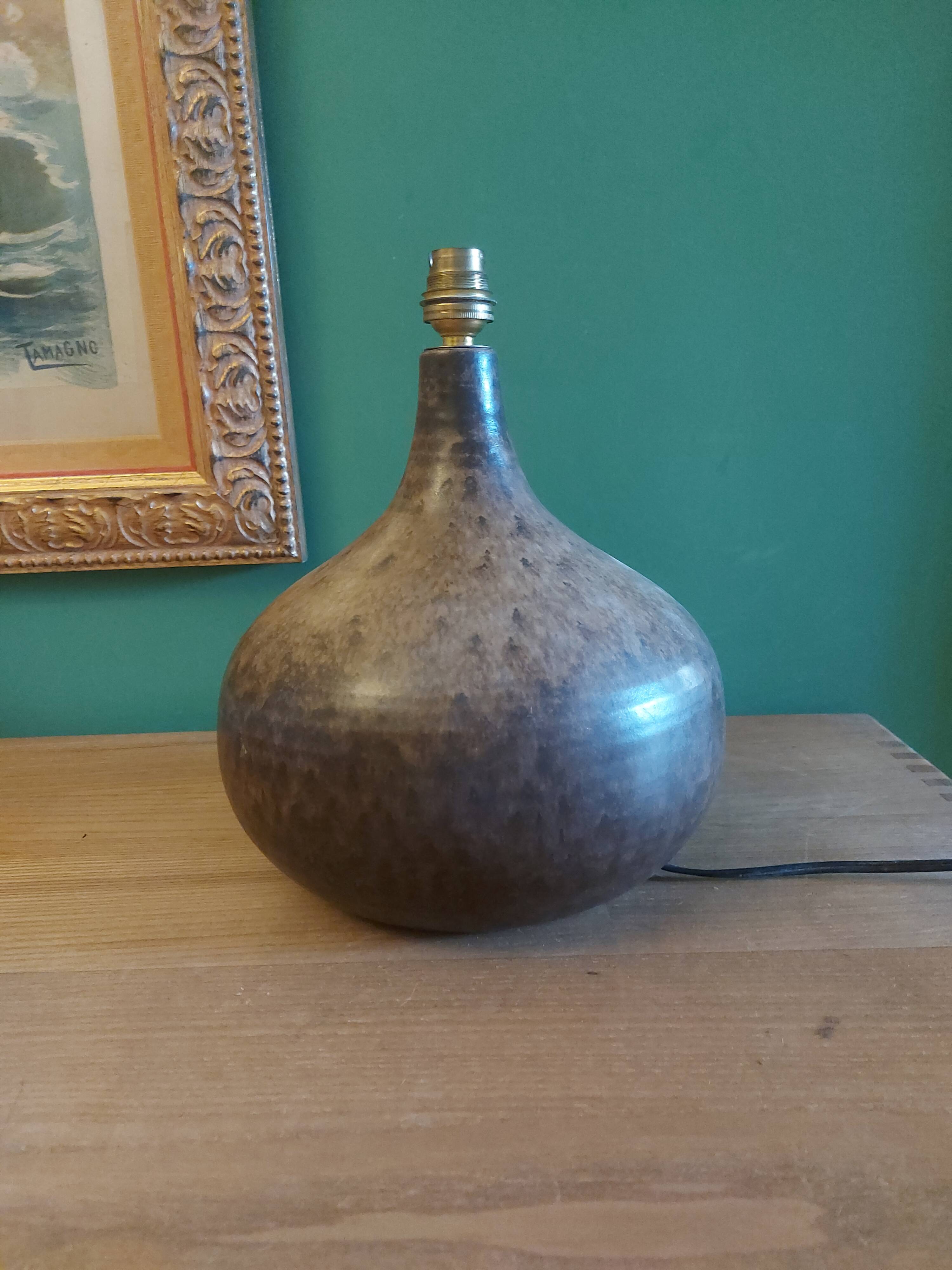 Ceramic (sandstone) lamp from the 50s, 60'S with silk lampshade