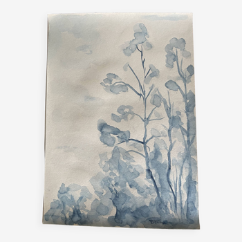 Tableau signé aquarelle monochrome  « la forêt bleue »