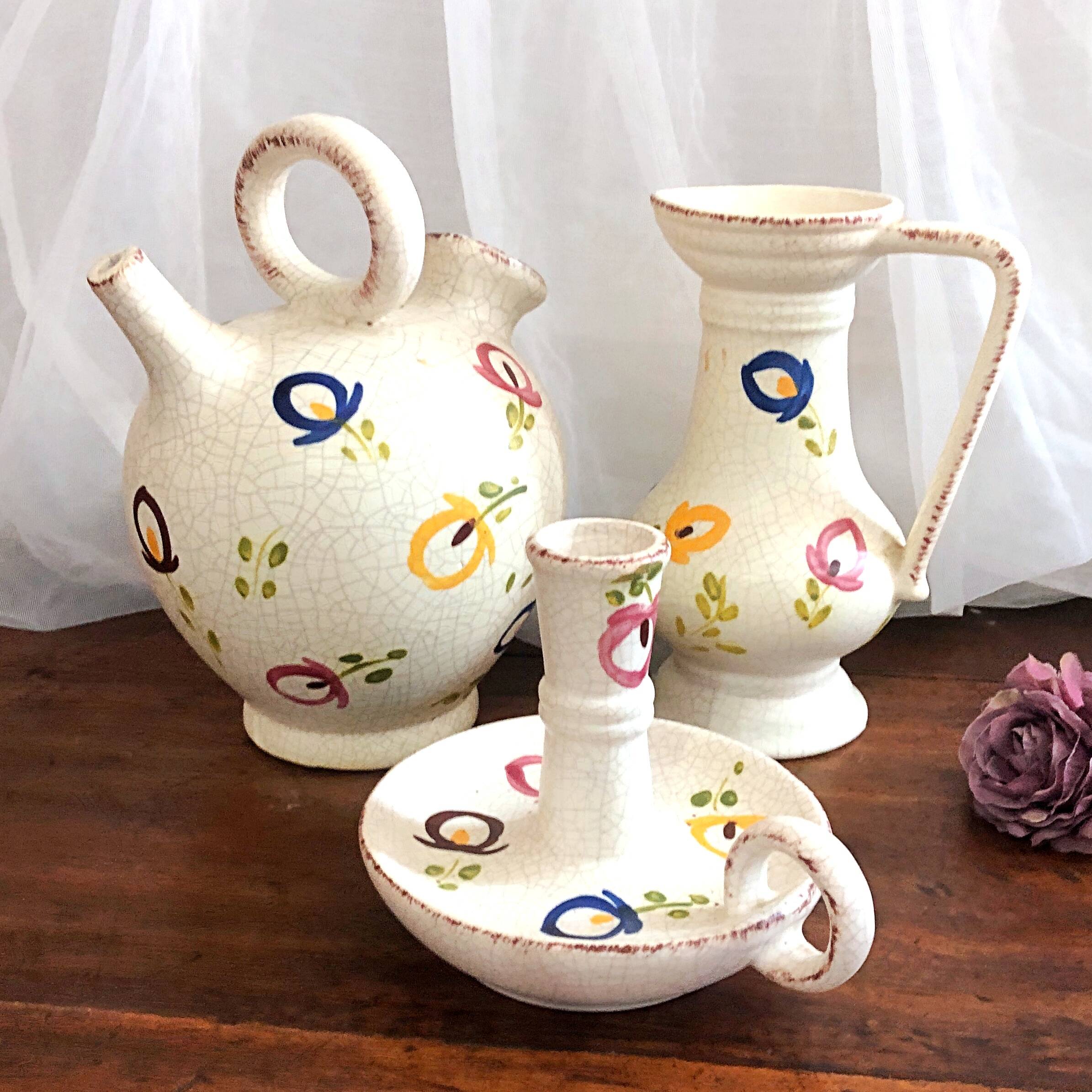 Carafe, gargoulette and candlestick artisanal pottery by Angèle de Poët-Laval