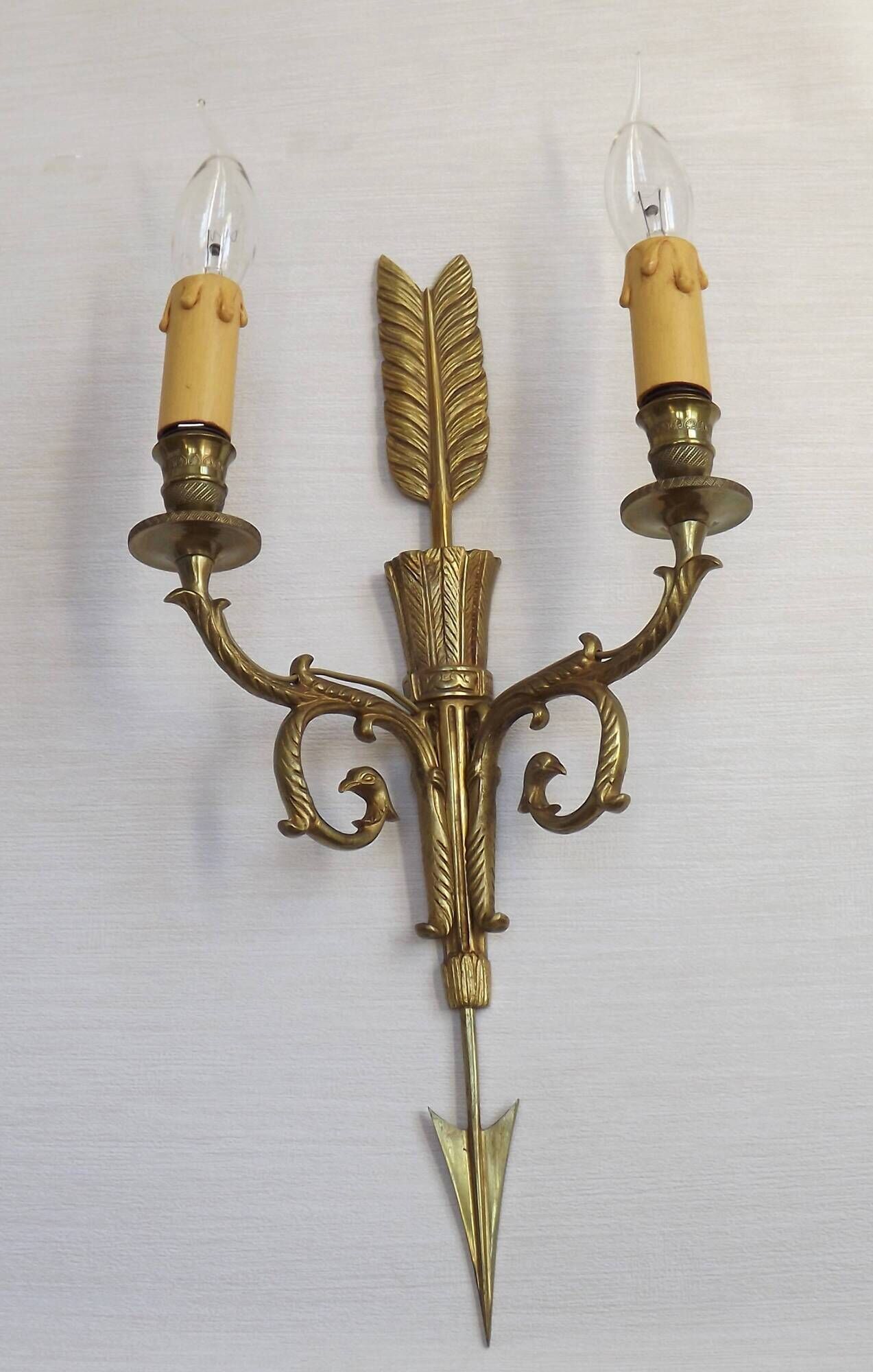 Vintage French Empire Arrow & Quiver Eagle Head Bronze Double Wall Sconces