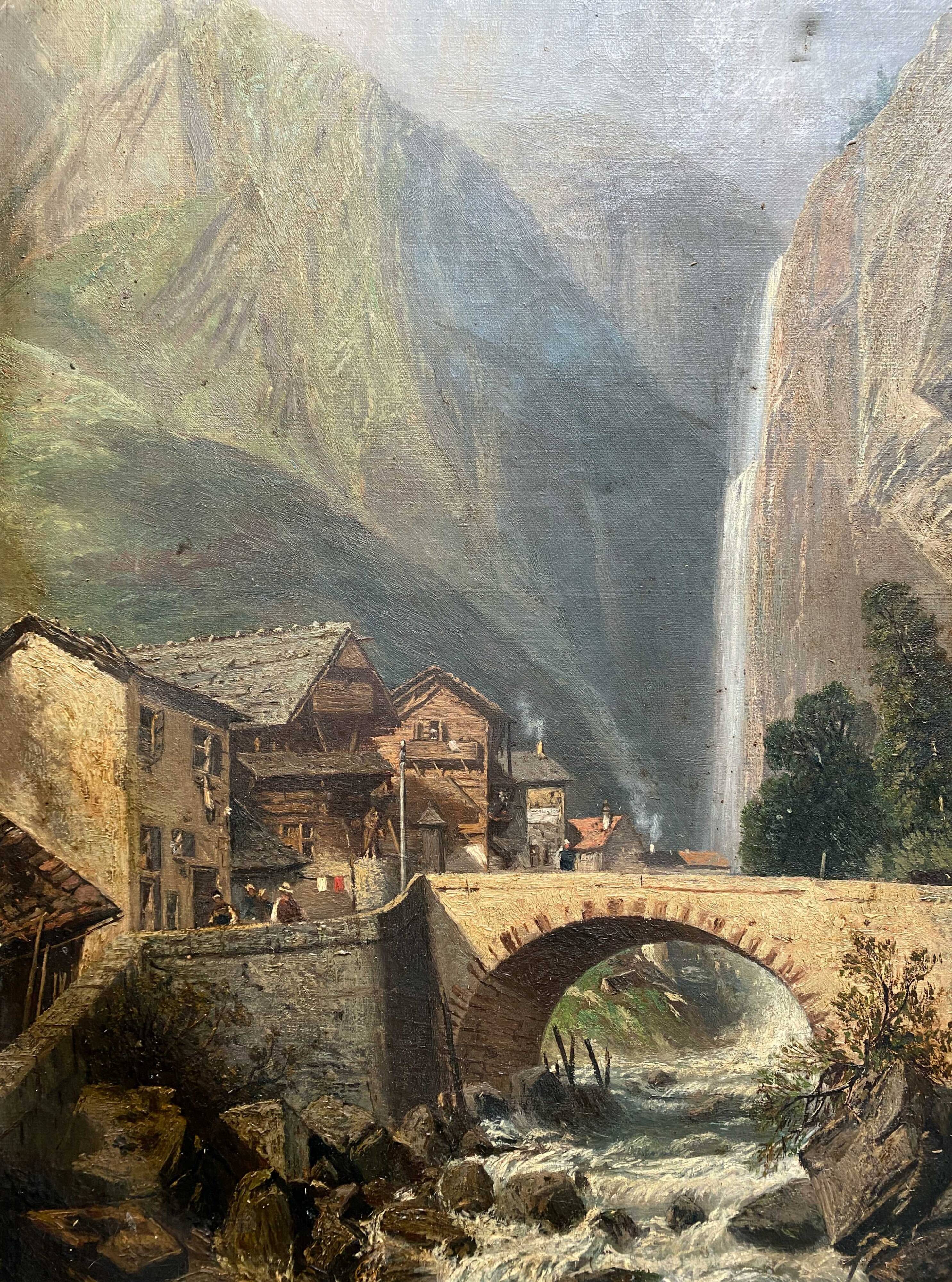 19th century HST painting "lively mountain village with torrent and waterfall"