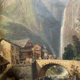 19th century HST painting "lively mountain village with torrent and waterfall"