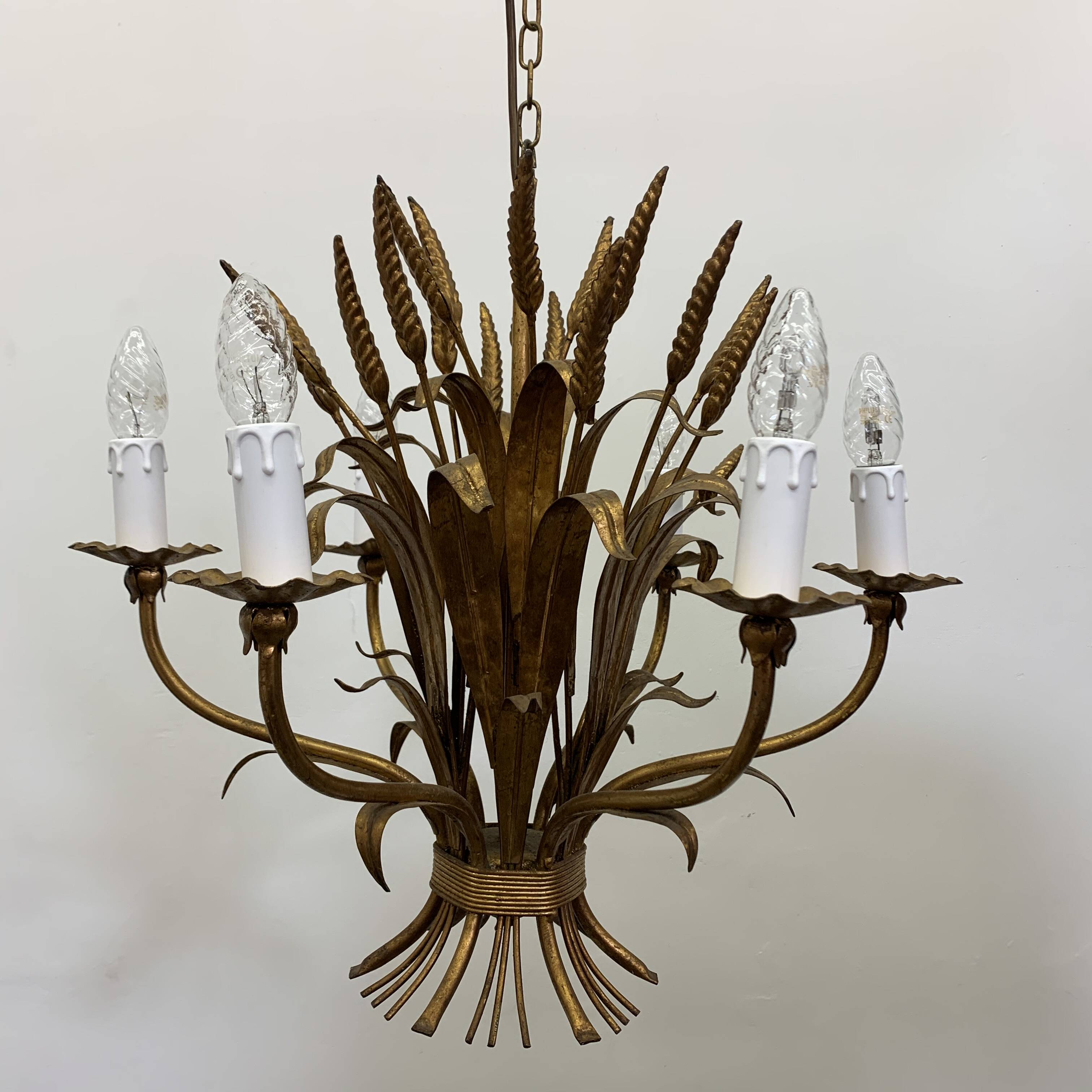 Large wheat sheaf leaf gold gilt chandelier, 1960’s