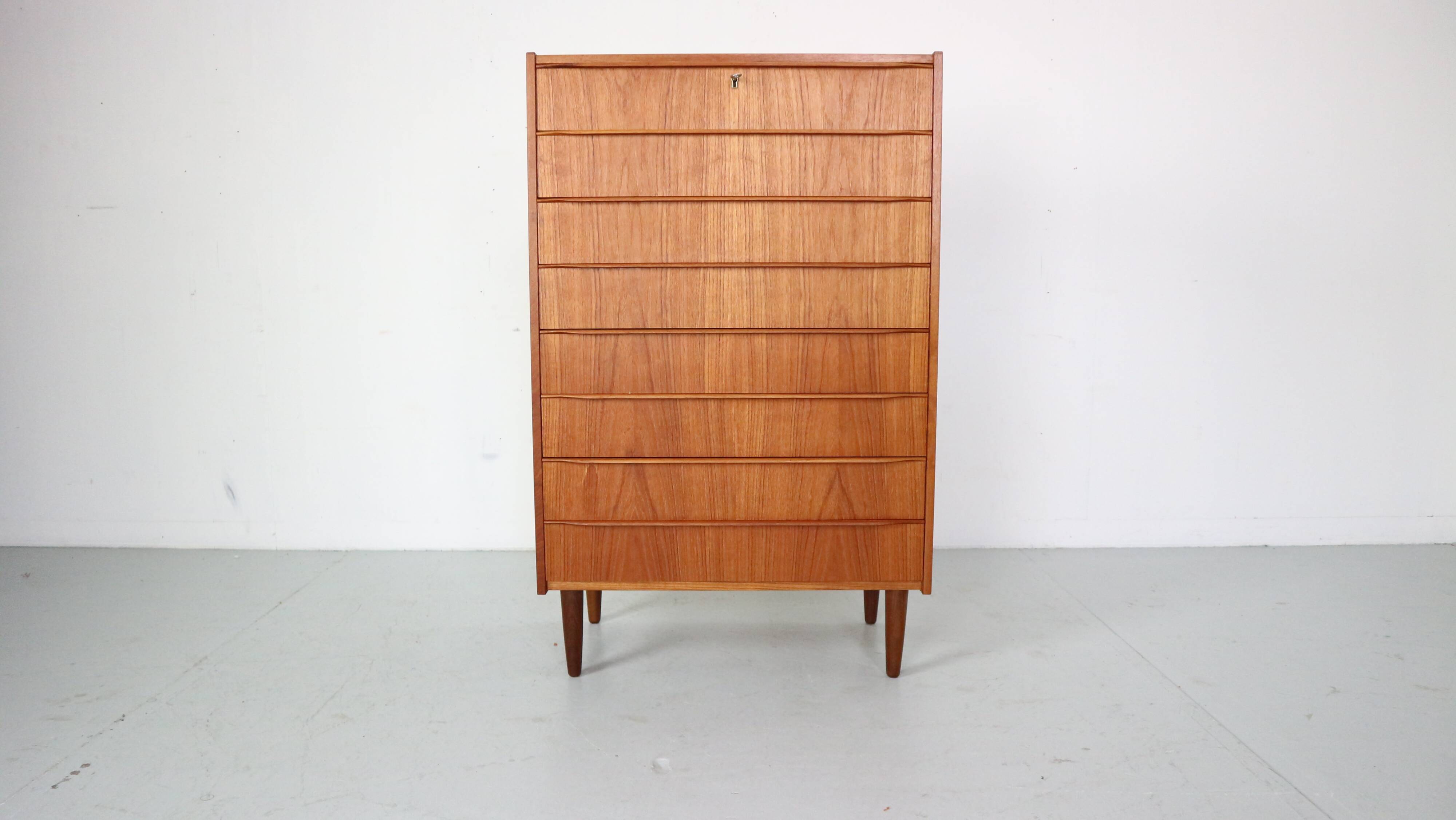 Mid-Century Modern Danish Chest of Eight Drawers, Tallboy in Teak, Denmark, 1960