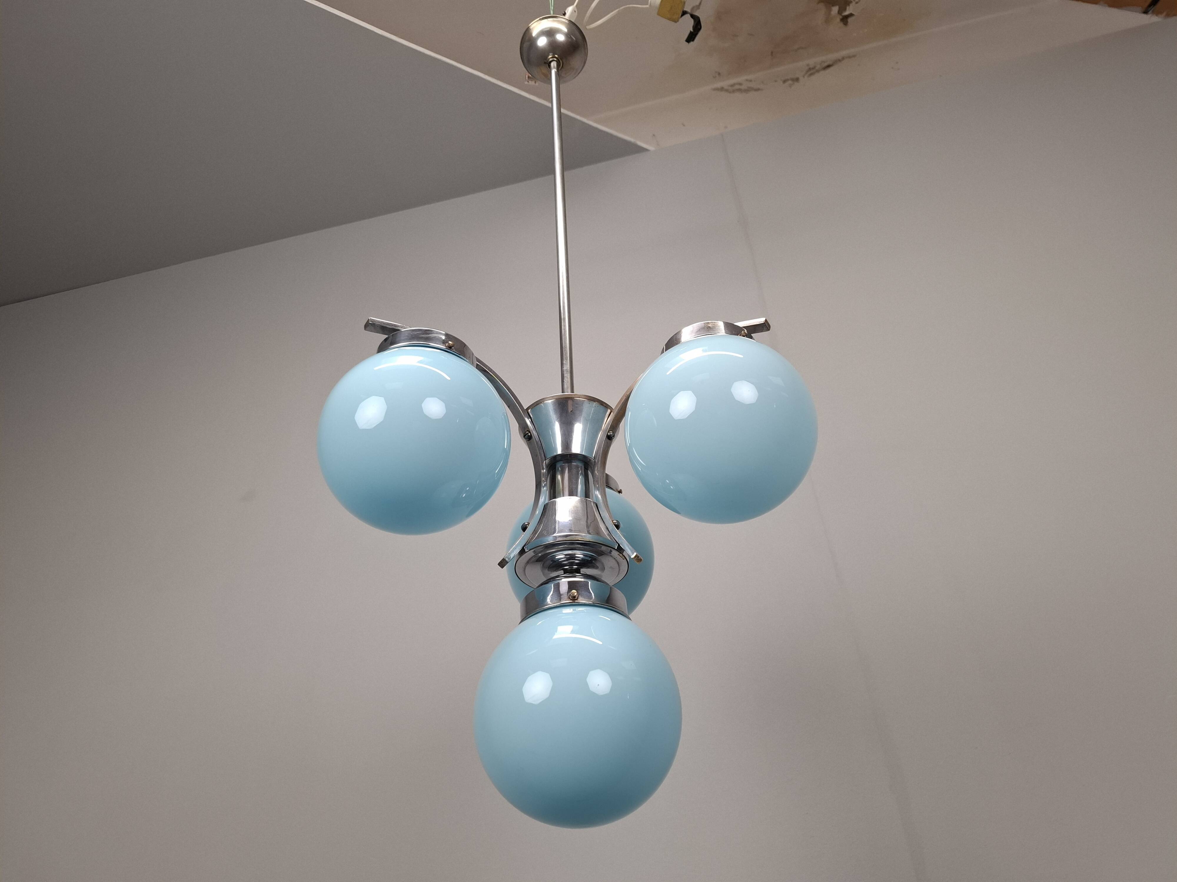 1930s Czech Art Deco Blue Opaline Glass and Chrome Four-Light Chandelier