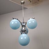 1930s Czech Art Deco Blue Opaline Glass and Chrome Four-Light Chandelier