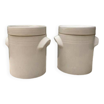Paire de poterie couvert en ceramique émaillée blanche vintage